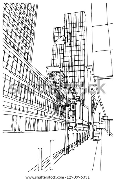 Scene\
street illustration. Hand drawn ink line sketch American old town\
New York , USA with buildings, roofs in outline style. Ink drawing\
of cityscape, perspective view. Travel\
postcard.