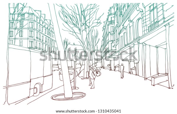 Scene street illustration. Hand drawn ink line\
sketch European old town Berlin , Germany  with buildings, roofs in\
outline style. Ink drawing of cityscape, perspective view. Travel\
postcard.