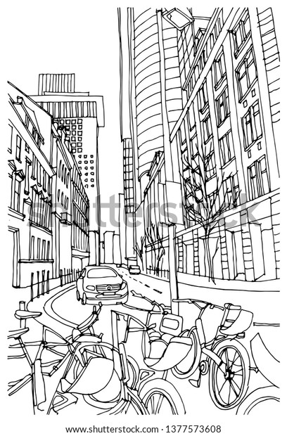 Scene street\
illustration. Hand drawn ink line sketch New York city, USA with\
buildings, windows, cityscape, people, cars  in outline style\
perspective view. Postcards\
design.