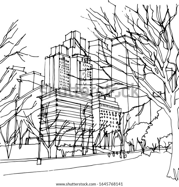 シーンストリートのイラスト 手描きのインク線スケッチ ニューヨーク市 マンハッテン 建物 窓 都市の景観を輪郭スタイルのパースビューで表示 はがきのデザイン のベクター画像素材 ロイヤリティフリー