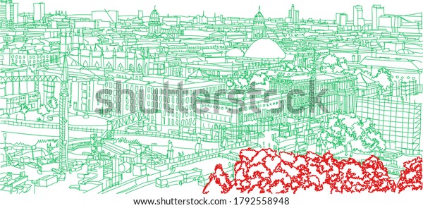 Scene street illustration. Hand drawn ink line\
sketch European city Berlin , Germany  with buildings, bridge,\
people in outline style. Ink drawing of cityscape, birds eye view.\
Travel postcard.