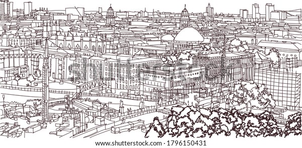 Scene street illustration. Hand drawn ink line\
sketch European city Berlin , Germany  with buildings, bridge,\
people in outline style. Ink drawing of cityscape, birds eye view.\
Travel postcard.