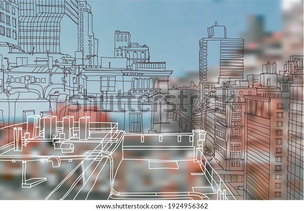 Scene street
illustration. Hand drawn ink line sketch panorama New York city,
Manhattan  with buildings,construction, streets in outline style
perspective view. Postcards
design.