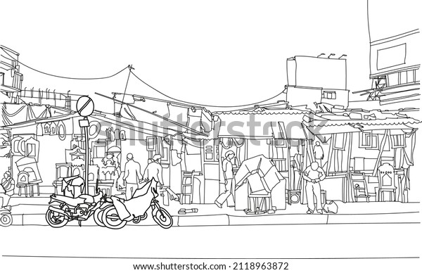Scene street  illustration. Hand drawn ink\
line sketch of Mumbai slums, India. Postcards design in outline\
style, perspective view. Poverty of\
favelas