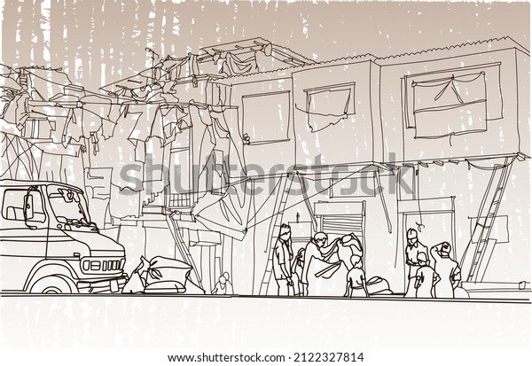 Scene street  illustration. Hand drawn ink
line sketch of Mumbai slums, India. Postcards design in outline
style, perspective view. Poverty of
favelas