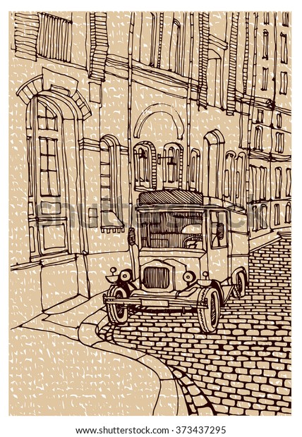 Scene street illustration. Hand drawn ink line\
vintage sketch European old town , historical architecture with\
car, buildings, roofs . Ink drawing of cityscape, perspective view.\
Travel postcard.