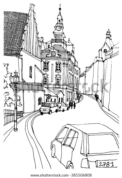 Scene street illustration. Hand drawn ink line\
vintage sketch European old town , historical architecture with\
cars, buildings, road . Ink drawing of cityscape, perspective view.\
Travel postcard.