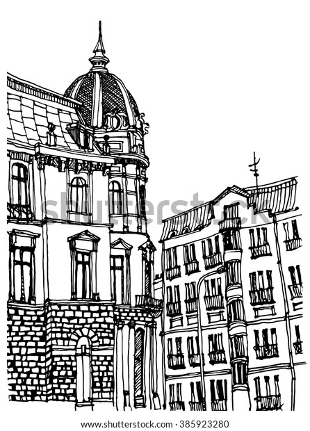 Scene street illustration. Hand\
drawn ink line sketch European old town, door,stones, exterior in\
outline style. Ink drawing of perspective view. Travel\
postcard.