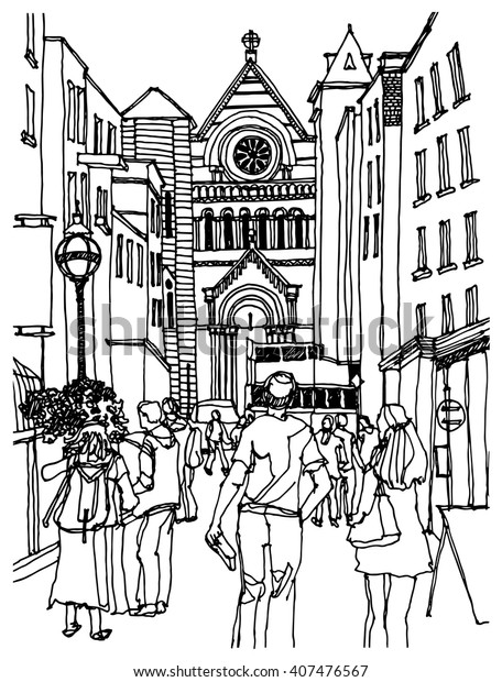 Scene street illustration. Hand drawn ink line\
sketch European old town Dublin, Ireland with buildings, people in\
outline style. Ink drawing of cityscape, perspective view. Travel\
postcard.