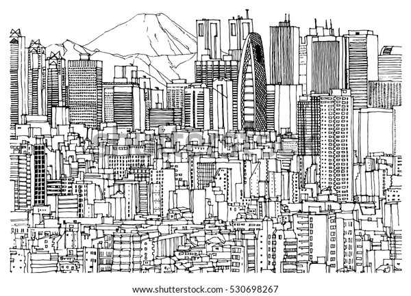 シーンストリートのイラスト 手描きのインク線スケッチ 東京 日本 建物 高層ビルの都市の風景 輪郭の遠近法で見える山 はがきのデザイン のベクター画像素材 ロイヤリティフリー