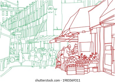 Scene street illustration. Hand-drawn ink line sketch New York city, USA with buildings, windows, cityscape, people, market in outline style perspective view. Postcards design.