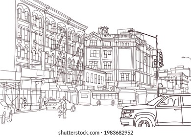 Scene street illustration. Hand-drawn ink line sketch New York city, USA with buildings, windows, cityscape, people, cars in outline style perspective view. Postcards design.