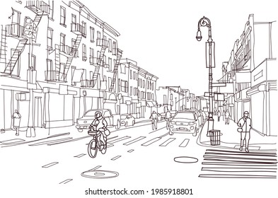 Scene street illustration. Hand-drawn ink line sketch New York city, USA with buildings, windows, cityscape, people, cars in outline style perspective view. Postcards design.