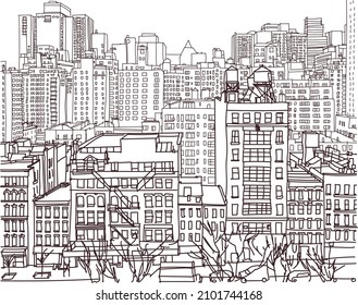 Panorama City Illustration Hand Drawn Ink Stock Vector (Royalty Free ...