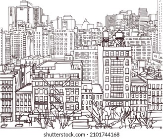 Scene Street Illustration. Handgezeichnete Tintenfisch-Linie Skizze Panorama New York City, Manhattan mit Gebäuden, Bau, Straßen in der Umrissansicht Stil. Postkarten-Design.