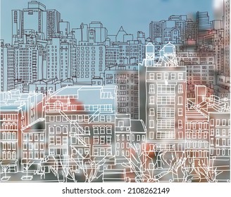 Scene street illustration. Hand-drawn ink line sketch panorama New York City, Manhattan with buildings, construction, streets in outline style perspective view. Postcards design.