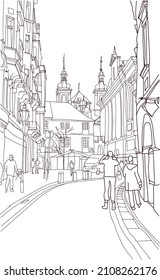 Scene street illustration. Hand-drawn ink line sketch Prague, Czech Republic historical architecture with buildings, roofs in outline style. Ink drawing of cityscape, perspective view. Travel postcard