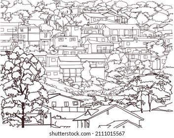 Scene street illustration. Hand-drawn ink line sketch of favelas, Sao Paulo, Brazil. Postcards design of in outline style, panorama view. Slums and poverty.