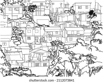 Scene street illustration. Hand-drawn ink line sketch of favelas, Sao Paulo, Brazil. Postcards design of in outline style, panorama view. Slums and poverty.