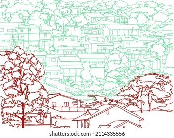 Scene street illustration. Hand-drawn ink line sketch of favelas, Sao Paulo, Brazil. Postcards design of in outline style, panorama view. Slums and poverty.