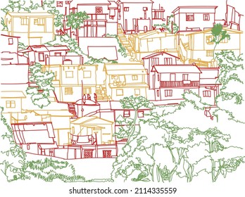 Scene street illustration. Hand-drawn ink line colorful sketch of favelas, Sao Paulo, Brazil. Postcards design of in outline style, panorama view. Slums and poverty.