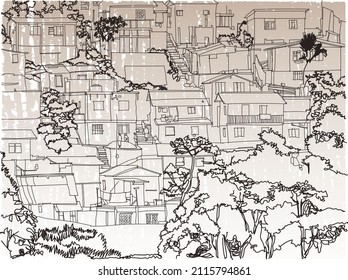 Scene street illustration. Hand-drawn ink line sketch of favelas, Sao Paulo, Brazil. Postcards design of in outline style, panorama view. Slums and poverty.