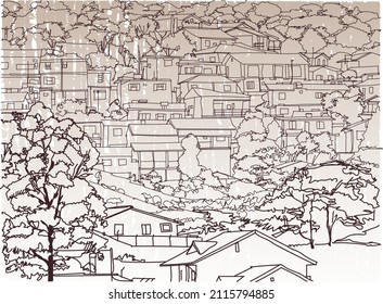 Scene street illustration. Hand-drawn ink line sketch of favelas, Sao Paulo, Brazil. Postcards design of in outline style, panorama view. Slums and poverty.