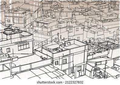 Scene street illustration. Hand-drawn ink line sketch of favelas, Sao Paulo, Brazil. Postcards design of in outline style, panorama view. Slums and poverty.