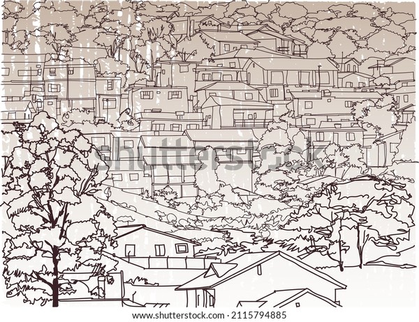 Scene street illustration. Hand-drawn\
ink line sketch of favelas, Sao Paulo, Brazil. Postcards design of\
in outline style, panorama view. Slums and\
poverty.