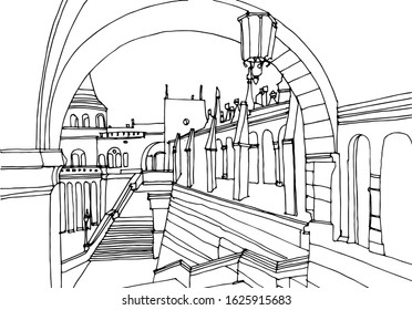 Scene street illustration.Hand drawn line sketch European old town Budapest, historical architecture of St Stephan's basilica. Ink drawing of  baroque architecture. Travel postcard. 