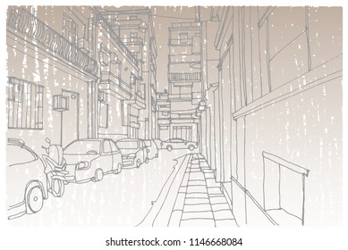 Scene street, panorama illustration. Hand drawn ink line sketch of Athens,  Greece. Postcards design in outline style, perspective view.