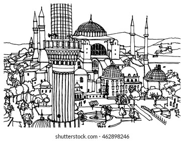 Scene street, panorama illustration. Hand drawn ink line sketch of European city, Istanbul , Turkey. Postcards design in outline style, perspective view.