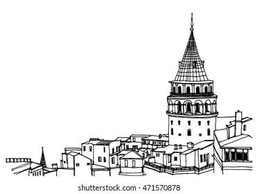 Scene street, panorama illustration. Hand drawn ink line sketch of European city, Istanbul , Turkey with Galata tower, roofs. Postcards design in outline style, perspective view.