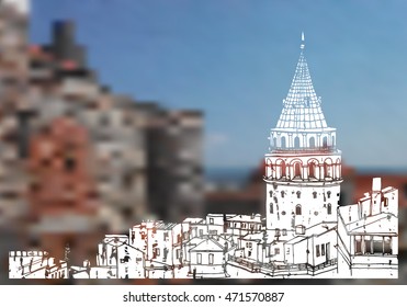 Scene street, panorama illustration. Hand drawn ink line sketch of European city, Istanbul , Turkey with Galata tower, roofs. Postcards design in outline style, perspective view.