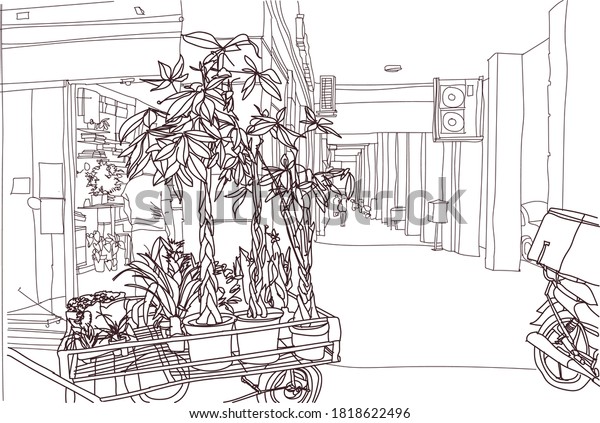 Scene street, panorama illustration. Hand drawn ink\
line sketch of Athens,  Greece. Postcards design in outline style,\
perspective view.