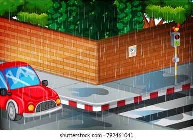 Escena con la calle en la ilustración de la lluvia