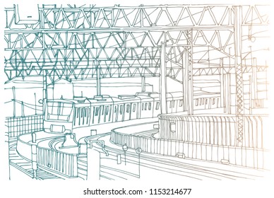 Scene street view, panorama illustration. Hand drawn ink line sketch of Asian town Tokio, Japan.Subway train station,  Postcards design in outline style, perspective view.