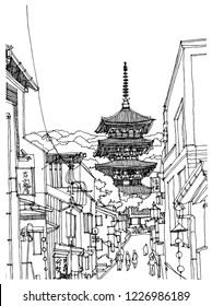 Scene street view, panorama illustration. Hand drawn ink line sketch of Asian town Kyoto, Japan. Postcards design in outline style, perspective view