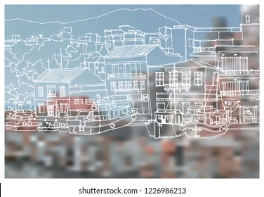 Scene street view, panorama illustration. Hand drawn ink line sketch of European city Cypros. Postcards design in outline style, perspective view.