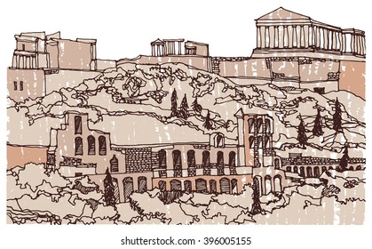 Scene street view, panorama illustration. Hand drawn ink line sketch of ancient Athens, Acropolis,Parthenon, Greece. Postcards design in outline style, perspective view.