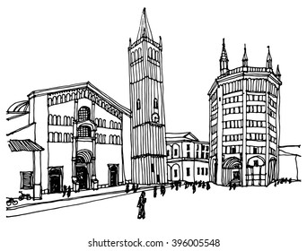 Scene street view, panorama illustration. Hand drawn ink line sketch of European town Parma, Baptist Church,Italy. Postcards design in outline style, perspective view.