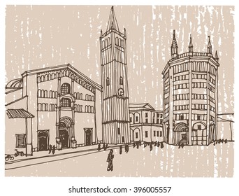 Scene street view, panorama illustration. Hand drawn ink line sketch of European town Parma, Baptist Church,Italy. Postcards design in outline style, perspective view.