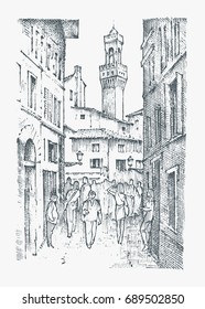 Scene Streets in European town Florence in Italy . engraved hand drawn in old sketch and vintage style. historical architecture with buildings, perspective view. Travel postcard. Palazzo Vecchio.