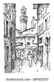 Scene Streets in European town Florence in Italy . engraved hand drawn in old sketch and vintage style. historical architecture with buildings, perspective view. Travel postcard. Palazzo Vecchio.