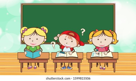 Scene with students learning in classroom illustration