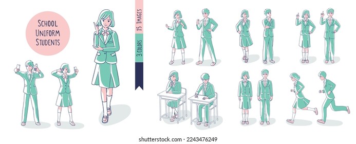 A scene of students wearing school uniforms. 3colors .15images. whole body.