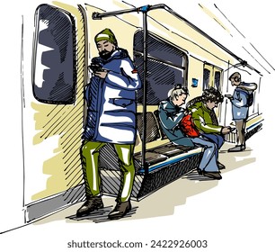 Scene in the subway car - people ride and look at gadgets while one woman is knitting. Modern life on the go and relaxation. Hand-drawn sketch