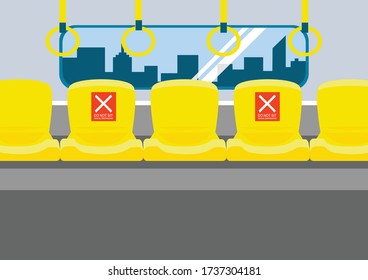 Scene of subway interior during Covid-19 situation with “Social Distancing” sign to keep passengers distance from infection risk