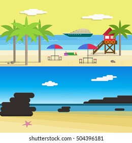 Scene of Summer Beach For Vocation with ship, lifeguard tower, Palm Trees and Coral.Flat Style Vector Illustration.