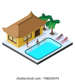 Scene of summer rest in isometric view with bungalow hotel, swimming pool, sunbeds, palm trees and people.